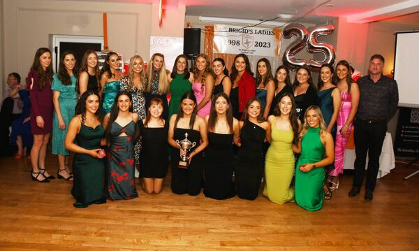 The St Brigid's LGFA team who won a league title this season at the club's 25th-anniversary celebrations. Back row: Aisling Moyles, Michelle Moyles, Aoibhin Bilbow, Melanie Moyles, Megan Bilbow, Yvonne Gilroy, Louise Fogarty (captain), Keeva McDonnell, Ceola Gallagher, Caoimhe Grier, Karen Lawlor, Leona Ruane, Anna Heffernan, Sarah Strong, Ciara Murphy and Shane Breslin (manager). Front row, from left: Saoirse Gallagher, Ava McDonnell, Kate Heffernan, Áine Gough, Mia Tighe, Isabelle Munnelly, Brianna Clarke and Aisling Bilbow. The St Brigid's LGFA team who won a league title this season at the club's 25th-anniversary celebrations. Back row: Aisling Moyles, Michelle Moyles, Aoibhin Bilbow, Melanie Moyles, Megan Bilbow, Yvonne Gilroy, Louise Fogarty (captain), Keeva McDonnell, Ceola Gallagher, Caoimhe Grier, Karen Lawlor, Leona Ruane, Anna Heffernan, Sarah Strong, Ciara Murphy and Shane Breslin (manager). Front row, from left: Saoirse Gallagher, Ava McDonnell, Kate Heffernan, Áine Gough, Mia Tighe, Isabelle Munnelly, Brianna Clarke and Aisling Bilbow.