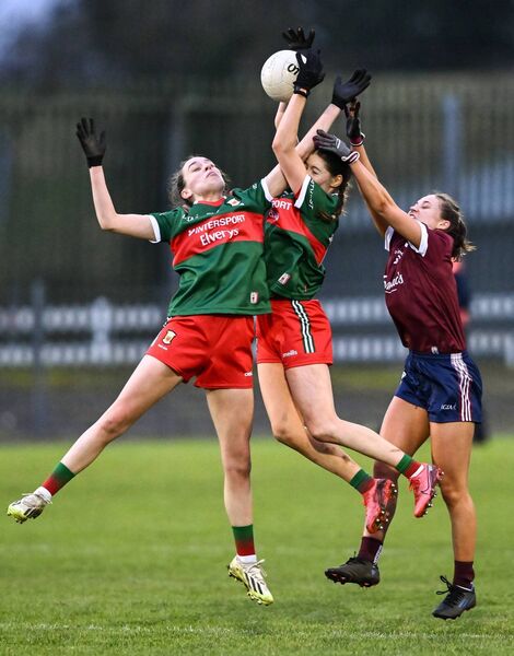 Mayo's Maria Cannon and Fionnuala McLaughlin compete for the ball with Galway's Kate Geraghty during last Saturday's Lidl LGFA National League Division 1 match at Duggan Park in Ballinasloe. Pictures: Piaras Ó Mídheach/Sportsfile Mayo's Maria Cannon and Fionnuala McLaughlin compete for the ball with Galway's Kate Geraghty during last Saturday's Lidl LGFA National League Division 1 match at Duggan Park in Ballinasloe. Pictures: Piaras Ó Mídheach/Sportsfile