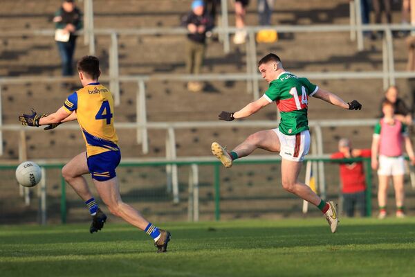 Niall Hurley slams home the first of three first-half goals scored by Mayo. Niall Hurley slams home the first of three first-half goals scored by Mayo.