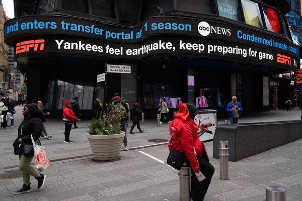A digital ticker tape board at Times Square displays the news of a 4.8 magnitude earthquake on Friday in New York City - and carries some advice for Mayo football supporters!	Picture: David Dee Delgado/Getty Images A digital ticker tape board at Times Square displays the news of a 4.8 magnitude earthquake on Friday in New York City - and carries some advice for Mayo football supporters!	Picture: David Dee Delgado/Getty Images