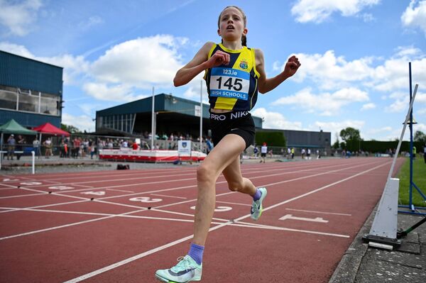 Sacred Heart Westport's Freya Renton crosses the line to win the junior girls 1500m during day two of the 123.ie All-Ireland Schools Track and Field Championships, Tullamore Harriers Athletics Club. Picture: Sam Barnes/Sportsfile Sacred Heart Westport's Freya Renton crosses the line to win the junior girls 1500m during day two of the 123.ie All-Ireland Schools Track and Field Championships, Tullamore Harriers Athletics Club. Picture: Sam Barnes/Sportsfile
