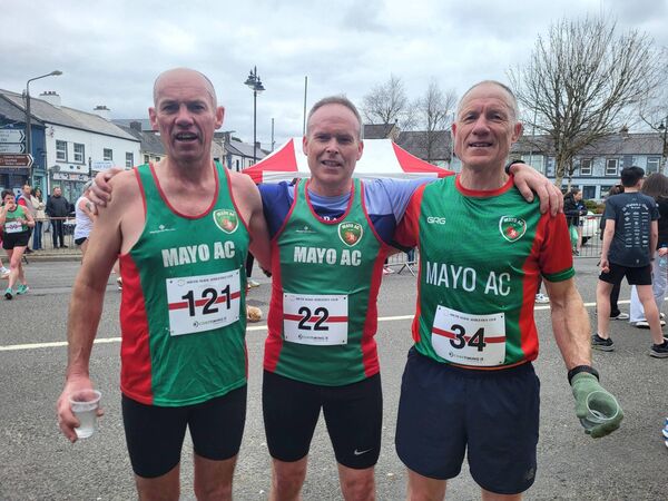 Three of Mayo AC's finishers at the St Patrick's Day 10k in Tubbercurry, left to right: Padraic McVann, Ray Clarke and Johnny Cribbin. Three of Mayo AC's finishers at the St Patrick's Day 10k in Tubbercurry, left to right: Padraic McVann, Ray Clarke and Johnny Cribbin.