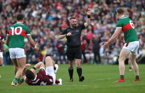 Referee David Gough makes his controversial decision to award a free to Galway at the end of the Connacht Senior Football Championship Final in Pearse Stadium last year. Picture: INPHO/Bryan Keane Referee David Gough makes his controversial decision to award a free to Galway at the end of the Connacht Senior Football Championship Final in Pearse Stadium last year. Picture: INPHO/Bryan Keane