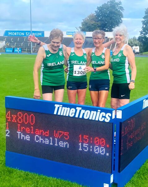 Irish women's o75 team celebrate a new World Masters 4x800m relay record at Morton Stadium. From left, Evelyn McNelis, Mags Glavey, Eileen Kenny, Pat Kelly. Irish women's o75 team celebrate a new World Masters 4x800m relay record at Morton Stadium. From left, Evelyn McNelis, Mags Glavey, Eileen Kenny, Pat Kelly.