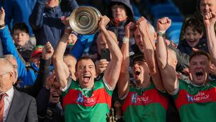 <p>Evan Regan of Ballina Stephenites lifts the Moclair Cup after helping his side to a stunning recovery against Westport on Saturday afternoon.	Picture: INPHO/James Lawlor</p> <p>Evan Regan of Ballina Stephenites lifts the Moclair Cup after helping his side to a stunning recovery against Westport on Saturday afternoon.	Picture: INPHO/James Lawlor</p>