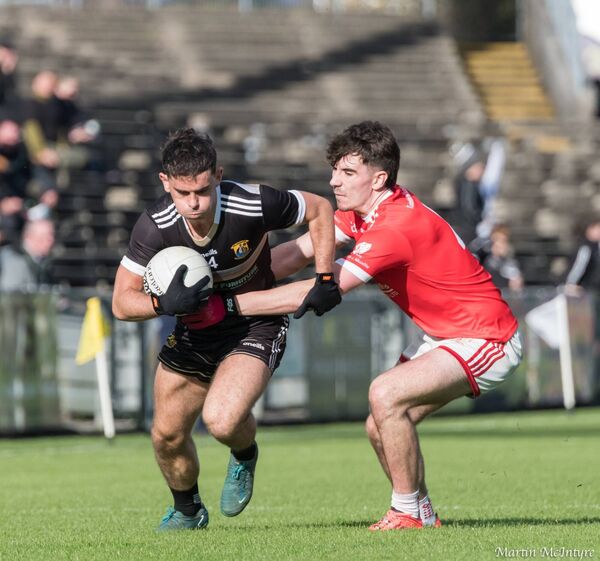 Kilmeena's John McGlynn takes on Jack Dunleavy of Moy Davitts. Picture: Martin McIntyre Kilmeena's John McGlynn takes on Jack Dunleavy of Moy Davitts. Picture: Martin McIntyre