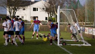 <p>Moving the goalposts. The frame of the goal slides back under the intense pressure of David McHale’s header for Conn Rangers. Picture: John Corless</p> <p>Moving the goalposts. The frame of the goal slides back under the intense pressure of David McHale’s header for Conn Rangers. Picture: John Corless</p>