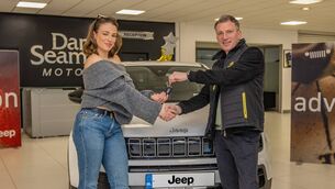 <p>Allie Sherlock is pictured at the handover with Ciaran Cusack, Communications and Brand Manager at Jeep Ireland.</p> <p>Allie Sherlock is pictured at the handover with Ciaran Cusack, Communications and Brand Manager at Jeep Ireland.</p>