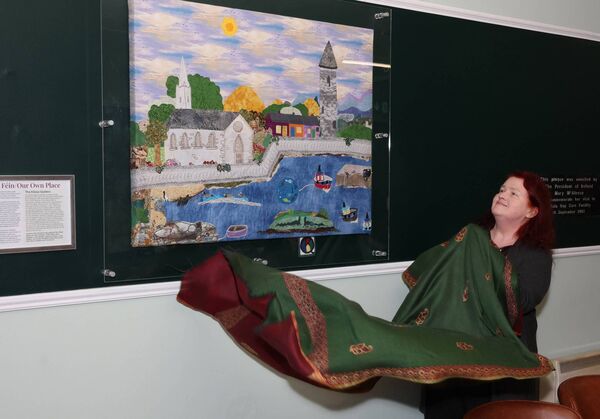 Mary Butler, who is the new chairperson of Killala Community Council Newstart CLG, unveils the quilt. Mary Butler, who is the new chairperson of Killala Community Council Newstart CLG, unveils the quilt.