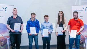 <p>Oweninny Wind Farm Phase 2 Educational Scholarship Scheme Awards 2025 presented, L-R: Eoghan Spencer, Shane Mullarkey, Seamus McDermott, Zara Moyles, James Mullarkey.</p> <p>Oweninny Wind Farm Phase 2 Educational Scholarship Scheme Awards 2025 presented, L-R: Eoghan Spencer, Shane Mullarkey, Seamus McDermott, Zara Moyles, James Mullarkey.</p>