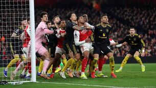 <p>The players of Arsenal and Manchester United compete for an incoming ball during the Premier League match at Emirates Stadium last Sunday. Picture: Alex Pantling/Getty Images</p> <p>The players of Arsenal and Manchester United compete for an incoming ball during the Premier League match at Emirates Stadium last Sunday. Picture: Alex Pantling/Getty Images</p>