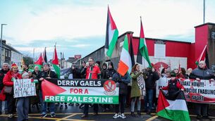 <p>Derry and Tyrone fans protest outside Celtic Park in Derry on Saturday evening against the league sponsors Allianz. Photo: INPHO/Lorcan Doherty</p> <p>Derry and Tyrone fans protest outside Celtic Park in Derry on Saturday evening against the league sponsors Allianz. Photo: INPHO/Lorcan Doherty</p>