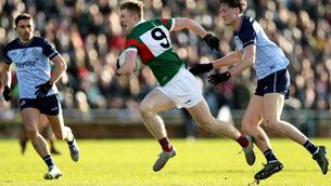 <p>Mayo's David McBrien goes past Ethan Dunne of Dublin during Sunday's NFL Division 1 match in Castlebar. Picture: INPHO/Laszlo Geczo</p> <p>Mayo's David McBrien goes past Ethan Dunne of Dublin during Sunday's NFL Division 1 match in Castlebar. Picture: INPHO/Laszlo Geczo</p>