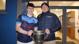 <p>St Gerald's captain Evan Walsh receiving the Aonghus Murphy Cup following Friday night's victory over St Muredach's College.</p> <p>St Gerald's captain Evan Walsh receiving the Aonghus Murphy Cup following Friday night's victory over St Muredach's College.</p>