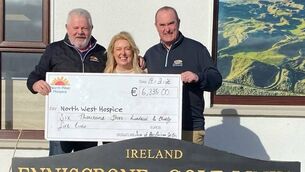 <p>TP McDonnell, Sons of Rest Golfing Society, Enniscrone Golf Club presenting a cheque of €6335 to Mary Horkan, North West Hospice. The cheque was the proceeds of a raffle held recently. Also included is Archie McMahon, Captain Enniscrone Golf Club.</p> <p>TP McDonnell, Sons of Rest Golfing Society, Enniscrone Golf Club presenting a cheque of €6335 to Mary Horkan, North West Hospice. The cheque was the proceeds of a raffle held recently. Also included is Archie McMahon, Captain Enniscrone Golf Club.</p>