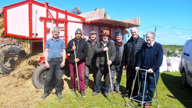 Pictured beside the thresher at Rathlee in Easkey were, from left: Jim Long, Joe Lacken, Keith Usher, Frank Flannelly, Paddy Joe Walsh, Fr Joe Hogan and PJ Curley. <p>Pictured beside the thresher at Rathlee in Easkey were, from left: Jim Long, Joe Lacken, Keith Usher, Frank Flannelly, Paddy Joe Walsh, Fr Joe Hogan and PJ Curley. </p>