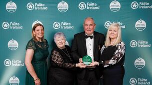 <p>Caroline Bocquel, CEO, Fáilte Ireland, presenting the Best Employer - Activity Award to Mary Barrett, Gerry Maguire and Fiona Togher, Carne Golf Links. </p> <p>Caroline Bocquel, CEO, Fáilte Ireland, presenting the Best Employer - Activity Award to Mary Barrett, Gerry Maguire and Fiona Togher, Carne Golf Links. </p>