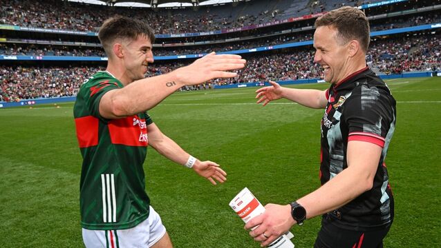 Mayo manager Andy Moran, right, and Enda Hession after Saturday's victory over Cork. Picture: Ramsey Cardy/Sportsfile <p>Mayo manager Andy Moran, right, and Enda Hession after Saturday's victory over Cork. Picture: Ramsey Cardy/Sportsfile</p>
