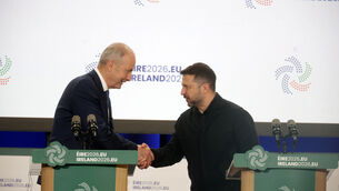 <p>Taoiseach Micheal Martin and President of Ukraine Volodymyr Zelensky shaking hands at a press conference during the official opening ceremony of the Irish Presidency of the Council of the European Union in Dublin Castle. Picture: Leah Farrell/© RollingNews.ie</p> <p>Taoiseach Micheal Martin and President of Ukraine Volodymyr Zelensky shaking hands at a press conference during the official opening ceremony of the Irish Presidency of the Council of the European Union in Dublin Castle. Picture: Leah Farrell/© RollingNews.ie</p>