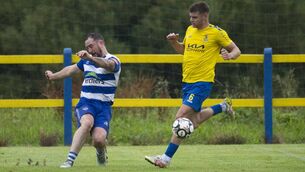 <p>Ballina Town's Paul Moran and Snugboro United's Eoin Morris in action during the Mayo Premier Cup Semi-Final. Picture: John Corless</p> <p>Ballina Town's Paul Moran and Snugboro United's Eoin Morris in action during the Mayo Premier Cup Semi-Final. Picture: John Corless</p>