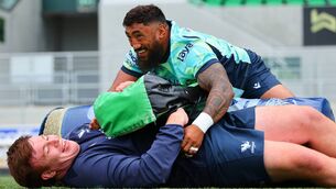 <p>Fiachna Barrett is tackled by his Connacht teammate Bundee Aki at squad training earlier this month in Dexcom Stadium. Picture: INPHO/Tom O'Hanlon</p> <p>Fiachna Barrett is tackled by his Connacht teammate Bundee Aki at squad training earlier this month in Dexcom Stadium. Picture: INPHO/Tom O'Hanlon</p>