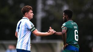<p>Team captains Calym Crowe of Salthill Devon, left, and Noe Baba of Mayo after the FAI National League Group 2 match between Salthill Devon and Mayo at the NFP Park, Salthill in Galway last month. Picture: Ben McShane/Sportsfile </p> <p>Team captains Calym Crowe of Salthill Devon, left, and Noe Baba of Mayo after the FAI National League Group 2 match between Salthill Devon and Mayo at the NFP Park, Salthill in Galway last month. Picture: Ben McShane/Sportsfile </p>